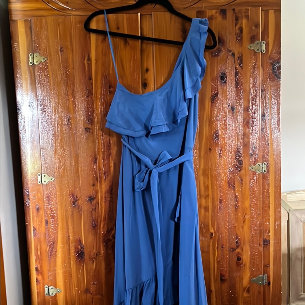 Blue One-Shoulder Midi High-low Dress